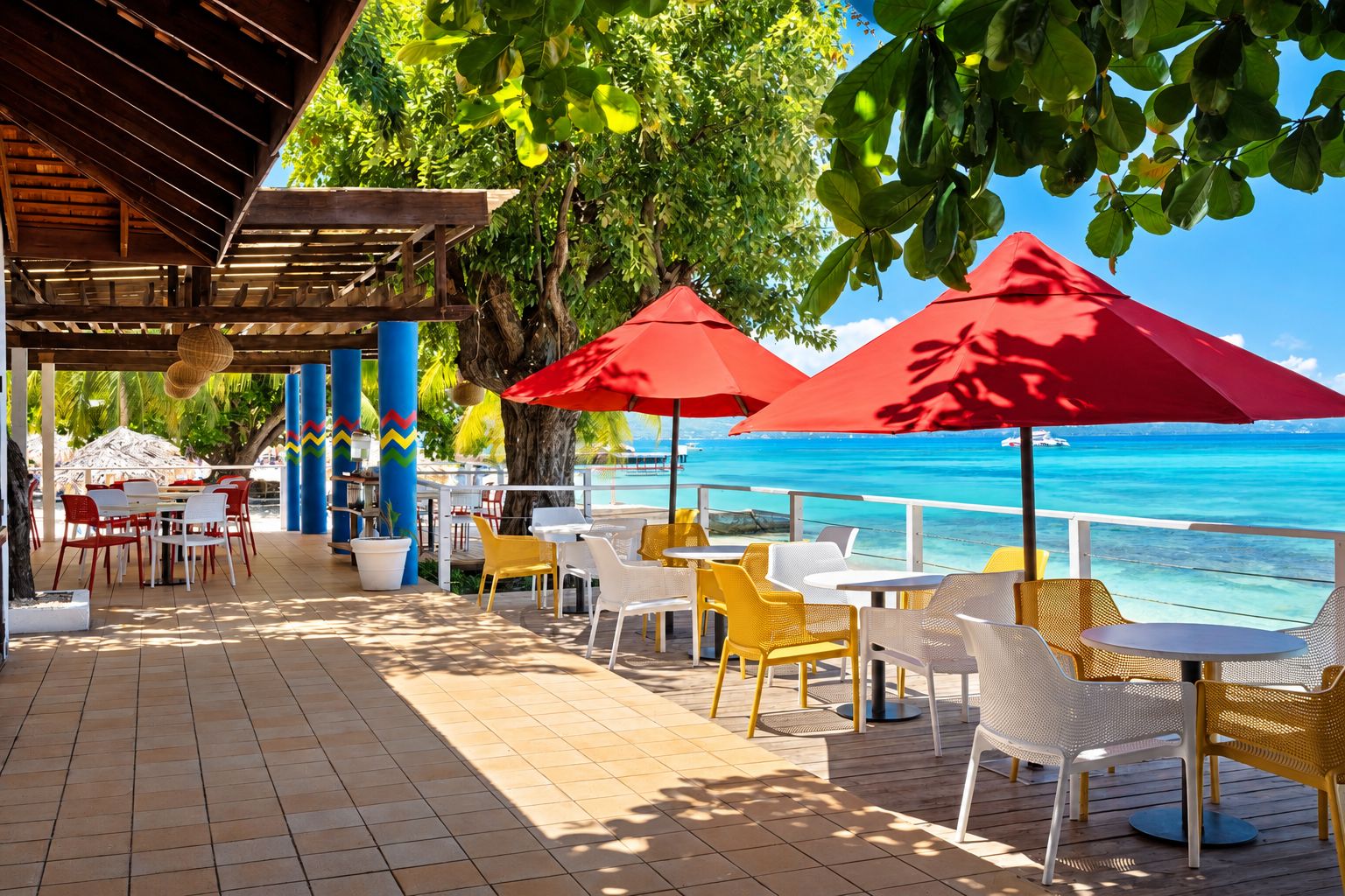 Terrace with red umbrellas